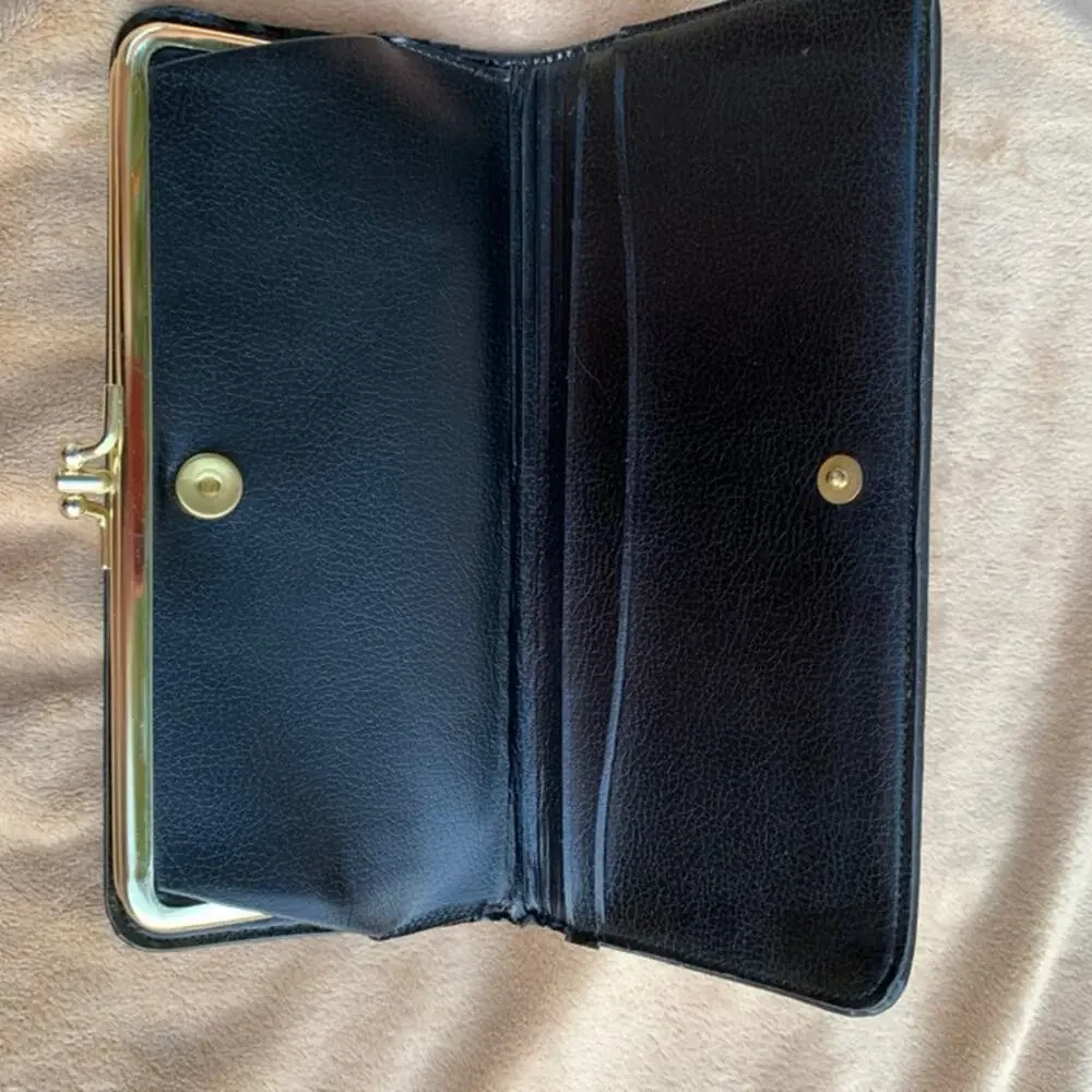 Vintage Baronet Wallet Kiss Clasp Metal Diamond Studs Navy Blue